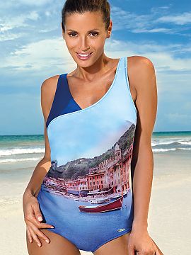 Swimsuit one piece Marko  One-piece swimsuit made of beautiful, patterned fabric with a photo print. The Italian fabric looks very elegant. The whole is emphasized by