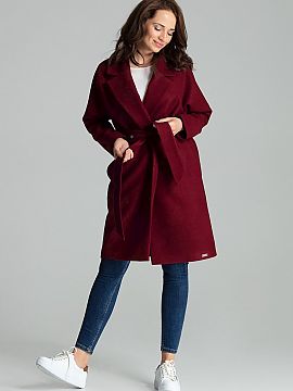 Coat Lenitif  Maroon classic, simple coat with wide lapels. Unbuttoned, tied at the waist with a belt decorated with metal eyelets. Pocket in side seams, 