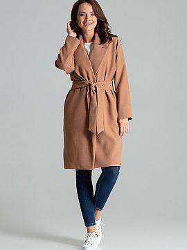 Coat Lenitif  Beige classic, simple coat with wide lapels. Unbuttoned, tied at the waist with a belt decorated with metal eyelets. Pocket in side seams, l