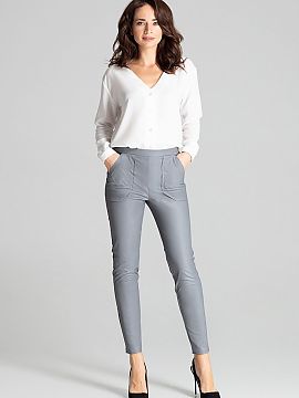 Trousers Lenitif  Grey tailored trousers made of eco-leather. Wide rubber band at the waist, at the back. Large patch pockets at the front.