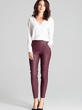 Trousers Lenitif  Maroon tailored trousers made of eco-leather. Wide rubber band at the waist, at the back. Large patch pockets at the front.