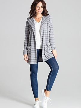 Cardigan Lenitif  Grey long knit sweater with decorative horizontal stripes and a hood. Large patch pockets at the front, without a button.