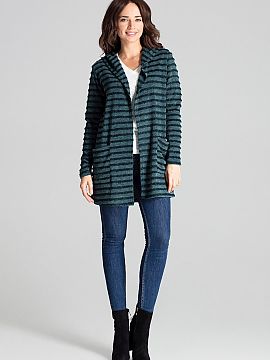 Cardigan Lenitif  Green long knit sweater with decorative horizontal stripes and a hood. Large patch pockets at the front, without a button.