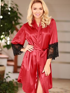 Negligee Kalimo  Tempting, yet elegant satin chemise that should be in every woman\'s wardrobe. Combination of 3/4 length sleeves with wide lace adds lightne
