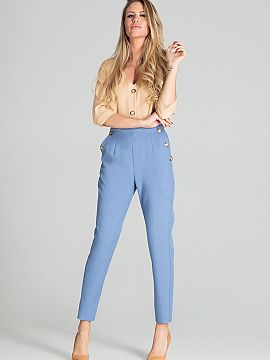 Trousers Figl  Blue trousers, slightly tapered legs to the bottom. High rise, slanted pockets with decorative buttons, fastened at the side with a covered 