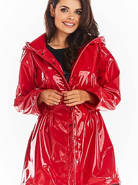 Coat awama  Knee-length vinyl coat with a hood and straight sleeves. Widened at the bottom, with a drawstring at the waist, fastened with buttons. Can b
