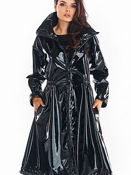 Coat awama  Knee-length vinyl coat with high collar and straight sleeves. Widened at the bottom, with a drawstring at the waist, fastened with buttons. 