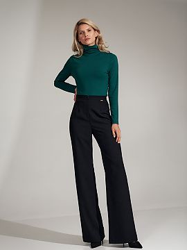 Women trousers Figl  Black long bell-bottomed trousers, without pockets, with a concealed zip at the front, high rise.