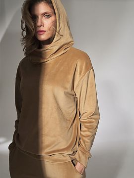 Sweatshirt Figl  Beige velour hooded sweatshirt with a loose stand-up collar. Long sleeve and bottom hem finished with a welt.