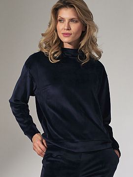 Sweatshirt Figl  Navy blue velour hoodie with a loose stand-up collar. Long sleeves and bottom hem finished with a welt.