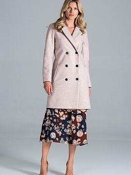 Coat Figl  Simple autumn knee-length coat with a jacket collar, 6-button closure, additionally tied with a belt, slant pockets, lined.