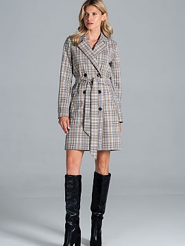 Coat Figl  Simple autumn knee-length coat with a jacket collar, 6-button closure, additionally tied with a belt, slant pockets, lined.