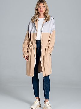 Coat Figl  Two-coloured autumn parka coat, partly zip fastened, with a collar, with an additional drawstring at the waist, sleeves creased with a sewn-