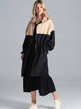 Coat Figl  Two-coloured autumn parka coat, partly zip fastened, with a collar, with an additional drawstring at the waist, sleeves creased with a sewn-