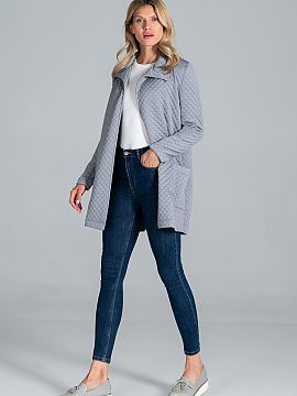 Coat Figl  Short quilted coat, unbuttoned, tied with a belt, with a collar, patch pockets at the front, unlined.