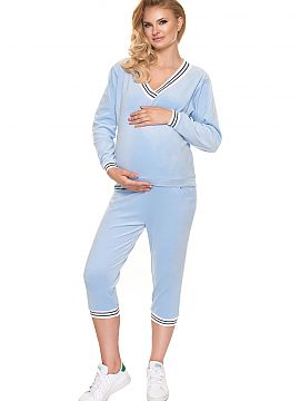Maternity set PeeKaBoo  Tracksuit set with contrasting piping. Blouse with V neckline. The sweatshirt is made of soft velour fabric. Trousers 3/4 length with non-pr