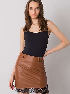 Short skirt Italy Moda  Brown pencil skirt made of ecological leather with decorative lace. Skirt with a covered zip.