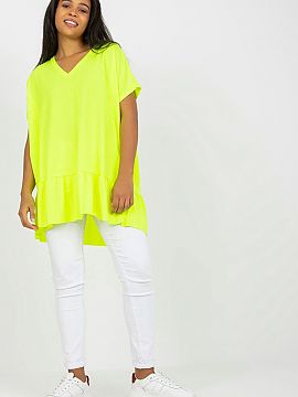 Plus size Tunic Relevance  Plus size tunic with short sleeves and a heart neckline. Asymmetrical bottom with a frill.