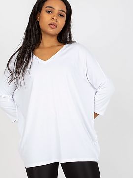 Plus size blouse Relevance  A plus size blouse with 3/4 sleeves and a sweetheart neckline.
