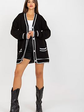 Cardigan Rue Paris  Long-sleeved cardigan with button closure, slip pockets on the sides. Sweater with contrast trim.