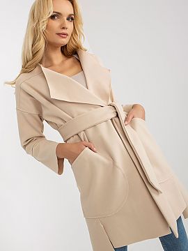 Coat Och Bella  Thin women\'s coat with long sleeves, unlined. The coat is unbuttoned, with a tie belt. Large patch pockets on the sides.