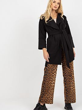 Coat Och Bella  Thin women\'s coat with long sleeves, unlined. The coat is unbuttoned, with a tie belt. Large patch pockets on the sides.