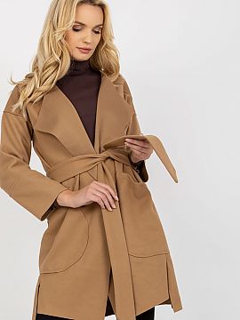 Coat Och Bella  Thin women\'s coat with long sleeves, unlined. The coat is unbuttoned, with a tie belt. Large patch pockets on the sides.