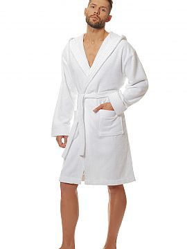 Bathrobe L&L collection  High quality, cotton, men\'s hooded bathrobe, conveniently tied at the waist. Classic good cut with two pockets on the sides. Bright white c