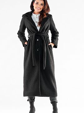 Coat awama  Coat made of pleasant, warm fabric with a maxi length. The straight cut of the coat and sleeves optically slenderize the silhouette. Fastene