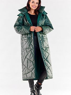 Coat awama  Long quilted coat with pockets, fastened with press studs. It has a large hood, which can protect against rain and wind. It will be perfect 