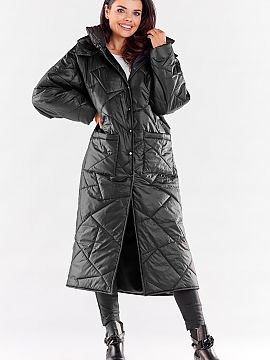 Coat awama  Long quilted coat with pockets, fastened with press studs. It has a large hood, which can protect against rain and wind. It will be perfect 