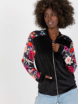 Sweatshirt Rue Paris  Velour bomber jacket with a zipper closure and slip pockets on the sides. Long sleeves made of fabric with colorful flowers.