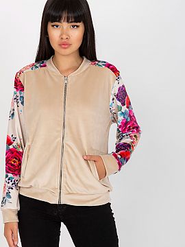 Sweatshirt Rue Paris  Velour bomber jacket with a zipper closure and slip pockets on the sides. Long sleeves made of fabric with colorful flowers.