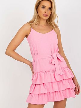 Daydress Lakerta  Mini dress with chain straps, v-neckline and waist tie. The bottom of the dress made of three frills.