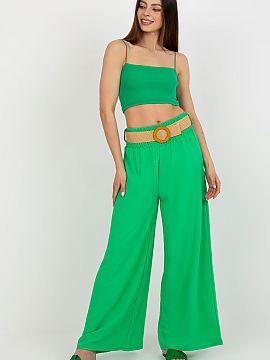 Women trousers Italy Moda  Long fabric pants with high waist and decorative creases. Complete with a belt. Pants with wide legs ideal for many occasions.