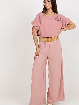 Women trousers Italy Moda  Long fabric pants with a high rise and decorative creases. Complete with a belt. Pants with wide legs ideal for many occasions.