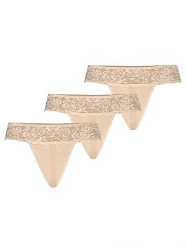 Set Teyli  A trio of sexy lace thongs in natural beige color. They are made of elastic lace with a striking patterned floral motif, which decorates the