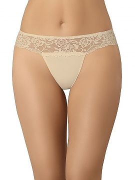 T-backs Teyli  Women\'s thong in beige color. The panties are made of mesh combined with floral motif lace at the top. They have cotton lining in the crotc