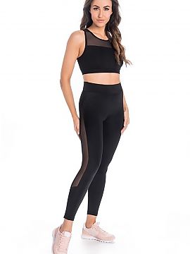 Long leggings Teyli  Black women\'s leggings combined with mesh in deep black. They are made of high quality bulky cotton with elastic thread. The leggings firml
