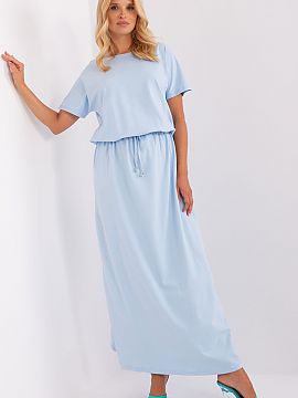 Daydress Relevance  Long summer dress with short sleeves, round neckline and waist tie. Slip pockets on the sides.