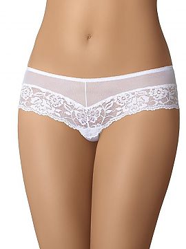Brazilian style panties Teyli  Women\'s bra briefs in white, made of transparent fabric and mesh. They are sexy and strikingly combined with delicate patterned lace, which