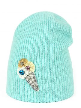 Cap Art of polo  Angora beanie hat in milky colors. Hand decorated with a sequin patch. It can be worn as a long one or folded up. Soft and warm. Will go wel