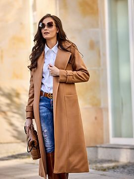 Coat Roco Fashion  The model is tied at the waist, has pockets in the front and a slit in the back. The lined tied coat will be an ideal choice for any outfit 