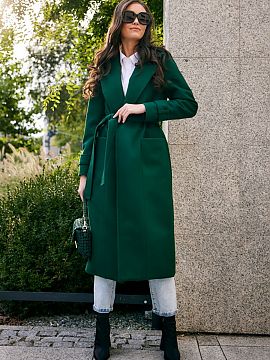 Coat Roco Fashion  The model is tied at the waist, has pockets in the front and a slit in the back. The lined tied coat will be an ideal choice for any outfit 