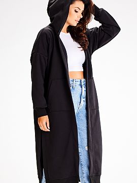 Sweatshirt awama  Long, loose-fitting unbuttoned sweatshirt with side slits, hood and pockets on the front of the front.