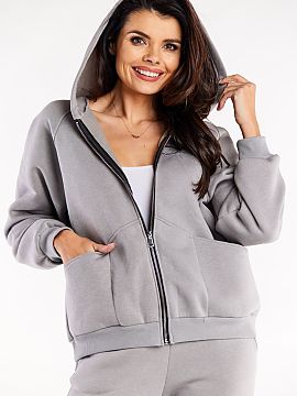 Sweatshirt Infinite You  Loose sweatshirt with long sleeves and a hood, zippered. Decorative stitching on the front and large slip pockets.