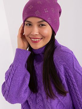 Cap AT  Warm winter women\'s beanie hat with cashmere, with decorative rhinestone application.