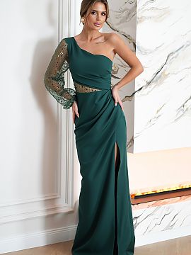 Long dress Bicotone  Model with a beautiful sequin one-shoulder sleeve. The top is asymmetrical, also with a sequin insert. The bottom of the creation is smooth,
