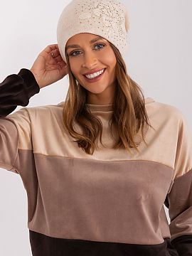 Cap AT  Warm winter women\'s beanie hat with cashmere, with decorative rhinestone application.