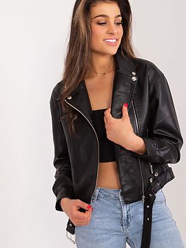 Jacket MBM  Short ramon jacket made of ecological leather, with long sleeves, zippered. The jacket has a lining, lined collar, zippered pockets on the s